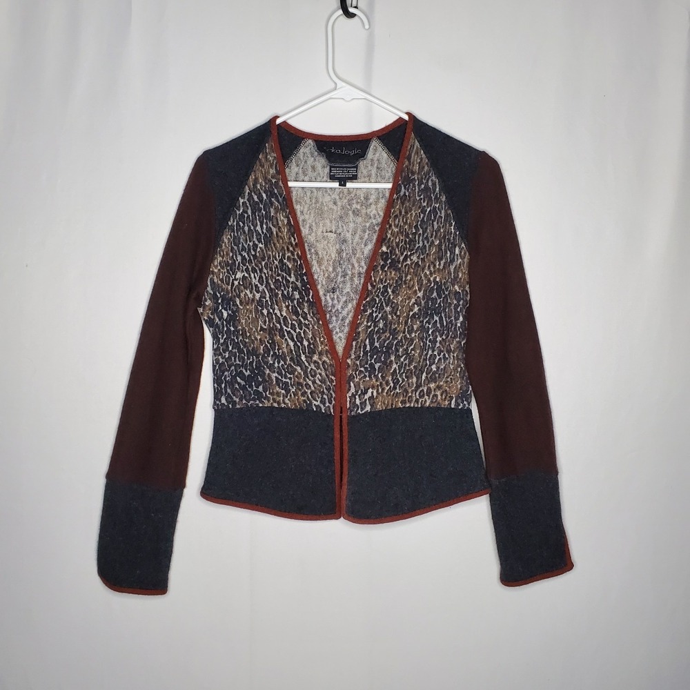 E-Ko Logic Cashmere Cardigan Sweater Women Small Animal Color Block V-Neck